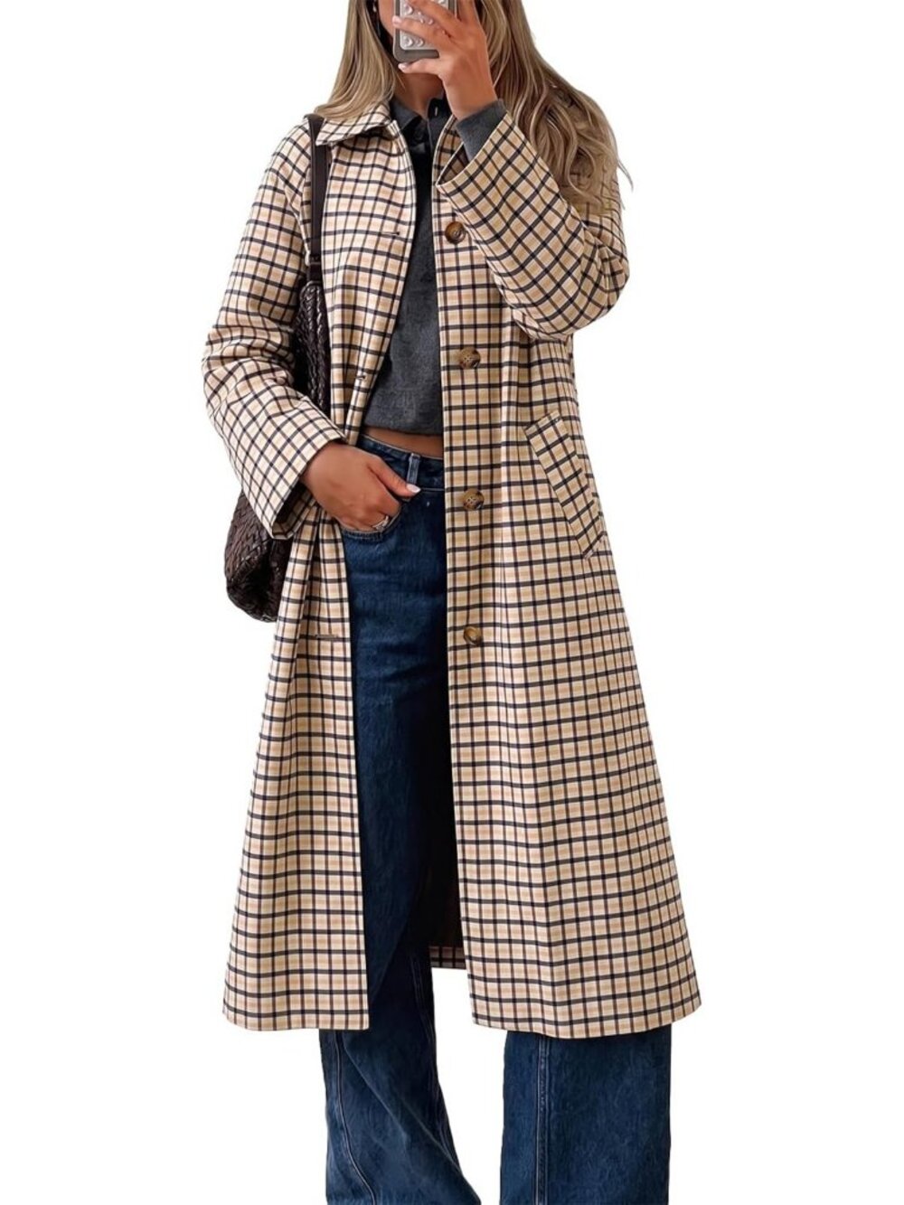 Chic Women's Plaid Trench Coat - Fall Fashion, Lapel, Single Breasted, Long